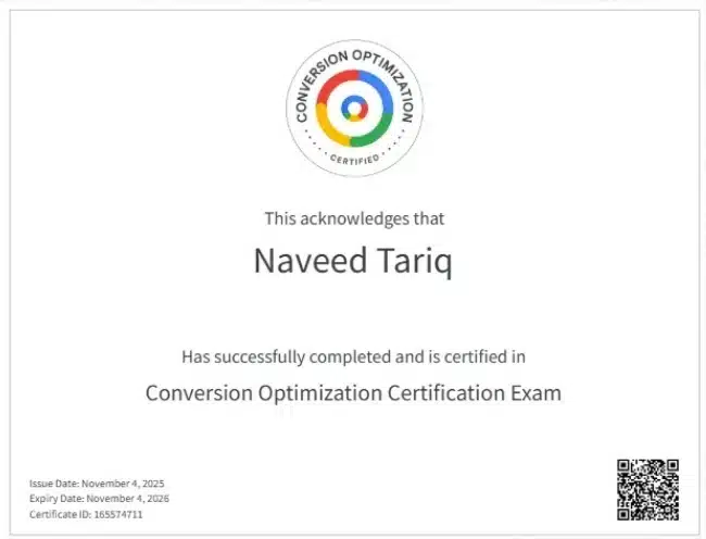 Google Conversion Optimization Certification, Naveed Tariq