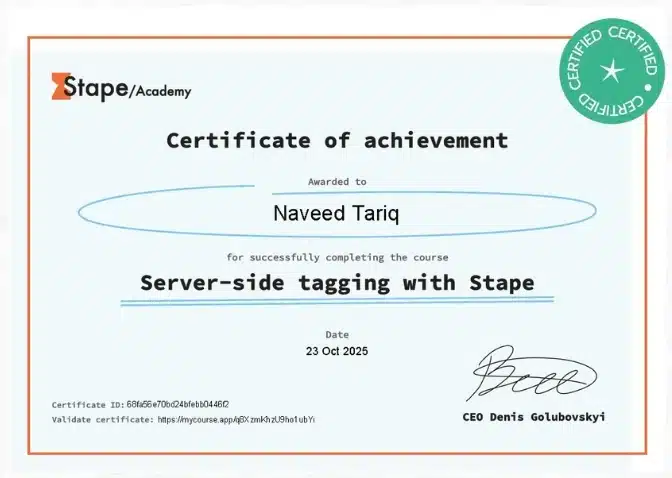 Stape Academy certificate: Server-side tagging with Stape, Naveed Tariq