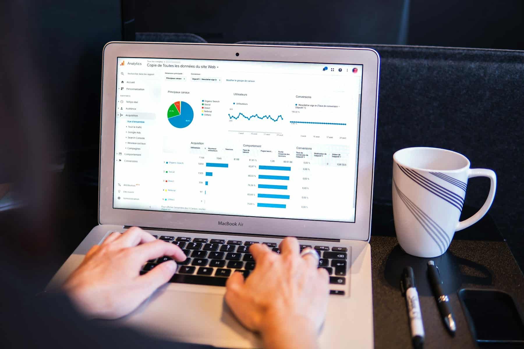 Google Analytics 4 overview report on a laptop screen
