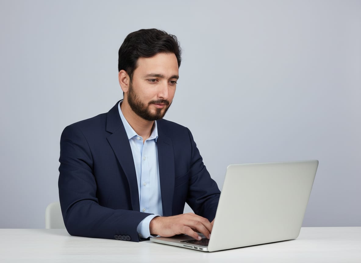 Naveed Tariq working on a laptop reviewing analytics